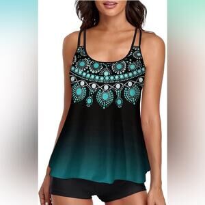 Women's Black and Teal Swim Tank Top